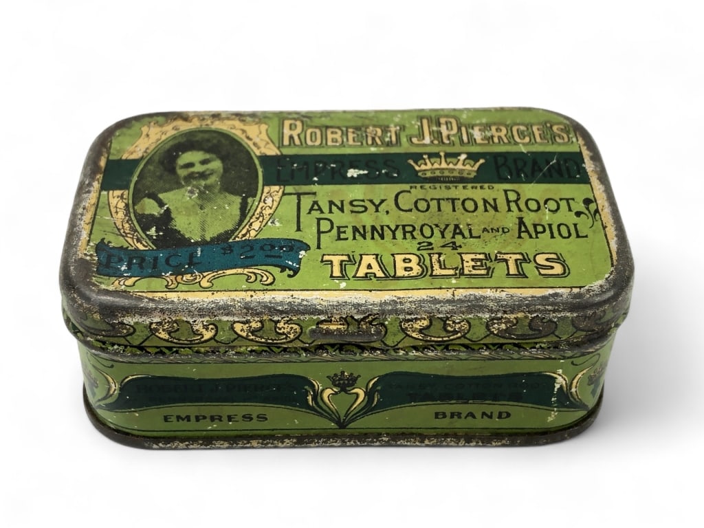 Robert J. Pierce's Tablets Vintage Advertising Tin: Shows surface wear.