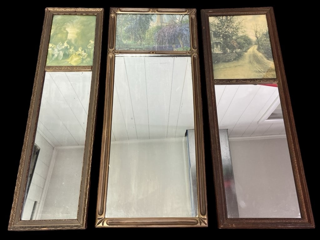 3 Vintage Trumeau Mirrors with Prints: Frame of largest mirror measures 11.75" x 28". Some chipping to the frames. Minor surface wear to the mirrors.L3