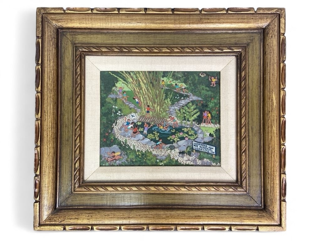 Penny Cosentino (Florida) Original Oil Painting: Oil on artist board. Signed in lower right corner. Frame measures 16.25" x 18.5". Visible portion of painting measures 7.5" x 9.5". "ORMOND GARDENS WAR MEMORIAL" . Light discoloration to the fabric po