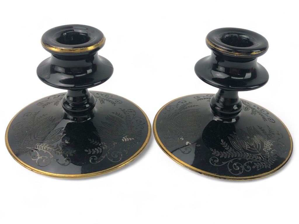 Rare Fostoria Ebony Black Etched Candlesticks (1 of 5)