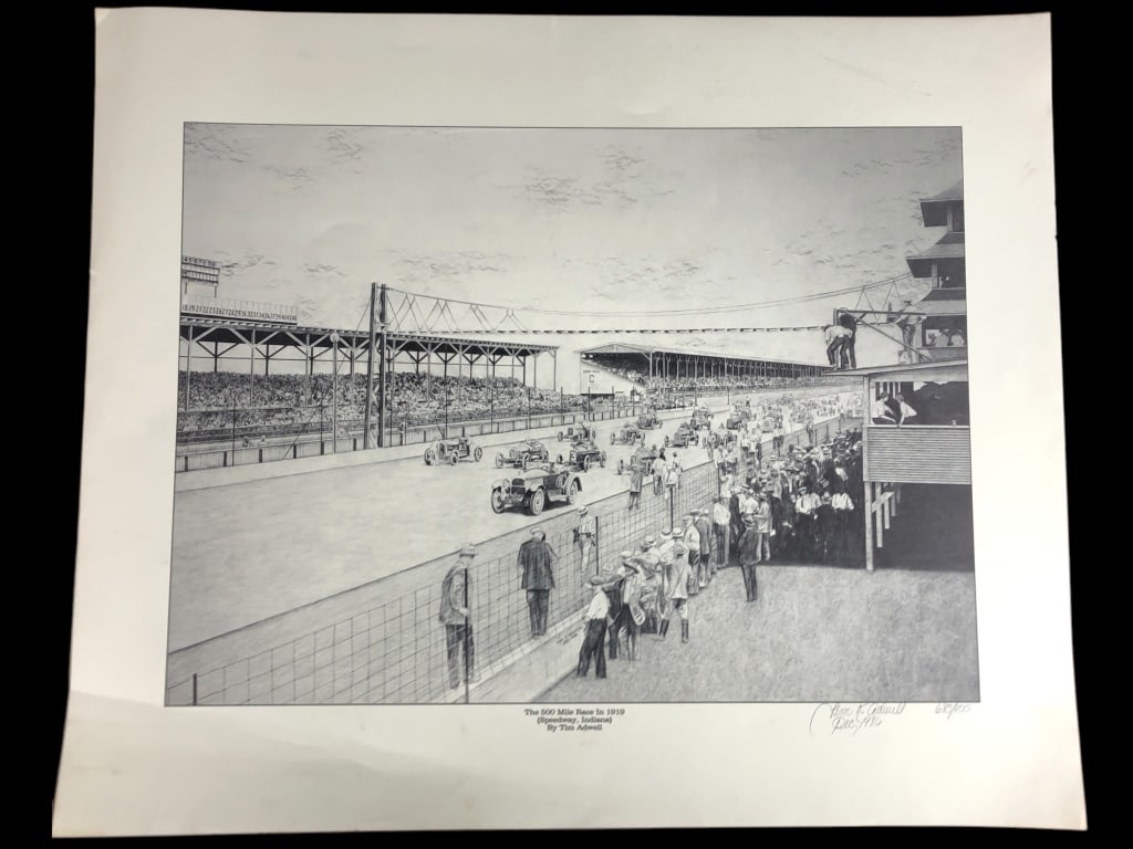 Tim K. Adwell 1919 Indy 500 Signed Numbered Print: "The 500 Mile Race in 1919 / Speedway, Indiana / by Tim Adwell. Pencil signed and numbered 683/800.20" x 24". Condition: Light creasing a few light marks. Unframed.