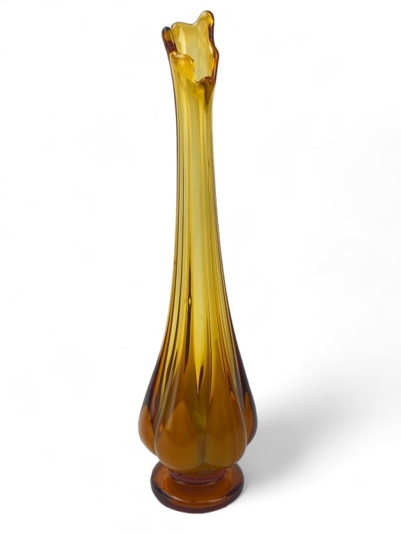 MCM Amber Swung Glass Vase: 12.5" tall - a few small imperfections on side of vase - see photos