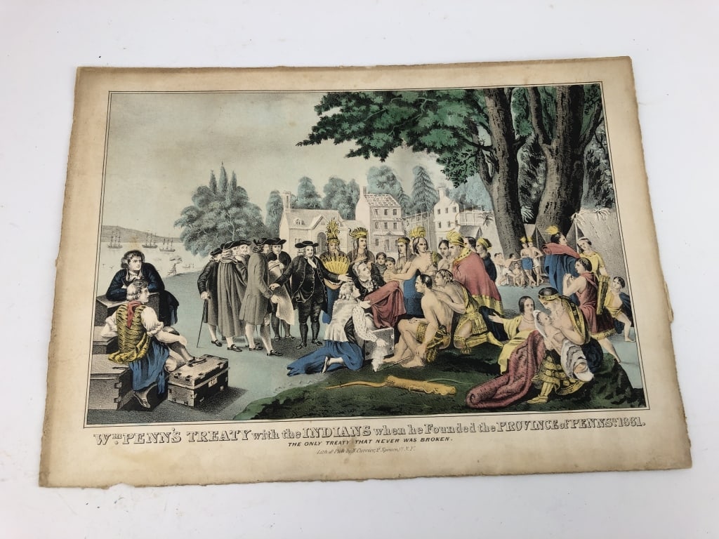 Currier & Ives, Penn's Treaty Lithograph: Wm. Penn's Treaty with the Indians when he Founded the Province of Pennsa. 1661. : The Only Treaty that Never was Broken. Lithograph handcolored, undated. Lith. & pub. By N. currier, 2 Spruce St. N.Y 