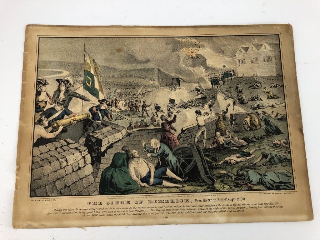 The Siege of Limerick Currier & Ives Lithograph: The Siege of Limerick Currier & Ives Hand Colored Lithograph. "The Siege of Limerick, From the 9th to 31st of August, 1690" 14" x 10”. Light discoloration to the surface. Wear near the edges inc