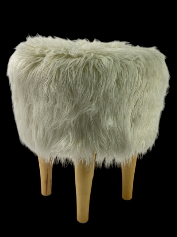 White Faux Fur & Wood Upholstered Stool (1 of 8)