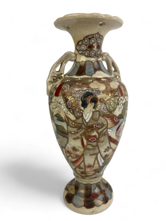 Japanese Satsuma Vase Geisha and Floral w/ Handles: Vase is 12" tall x 5" diameter. Weighs 2 lbs 3 oz. Mouth of Vase is assumed to be drilled for a lamp lid. Footing also has a hole to allow lamp cord to fit through. Crack on footing. Silver Metallic M