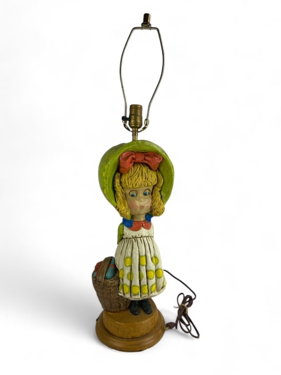 Vintage Holly Hobbie Inspired Lamp: 31" tall to top of harp - chips to bottom piece & edges of her hat near her neck - no shade