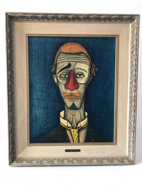 Bernard Buffet "Tete De Clown" Litho on Canvas: Frame measures 25-1/18" x 29". Light discoloration to the frame material. L5