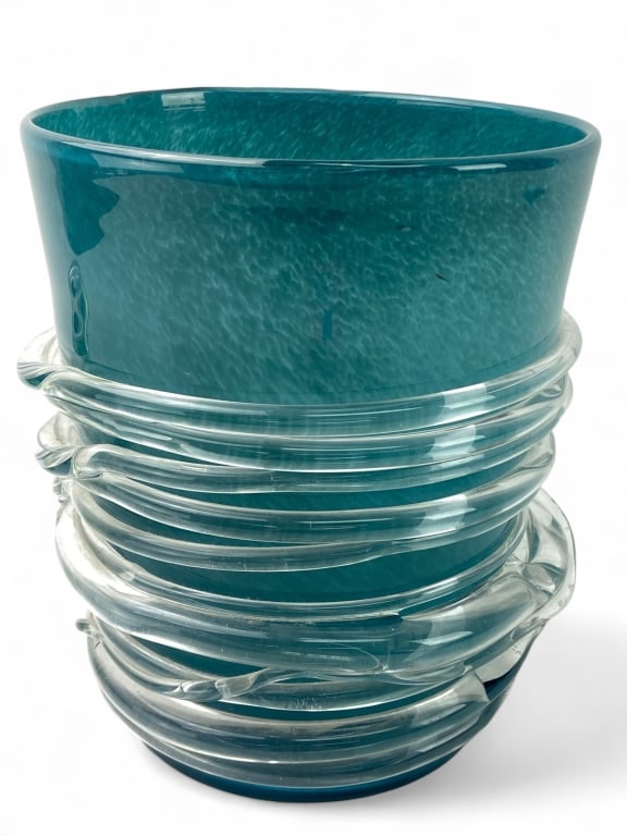 Murano-Style Teal Art Glass Swirl Planter: 9 5/8" tall - 8" diameter - few chips along base/bottom
