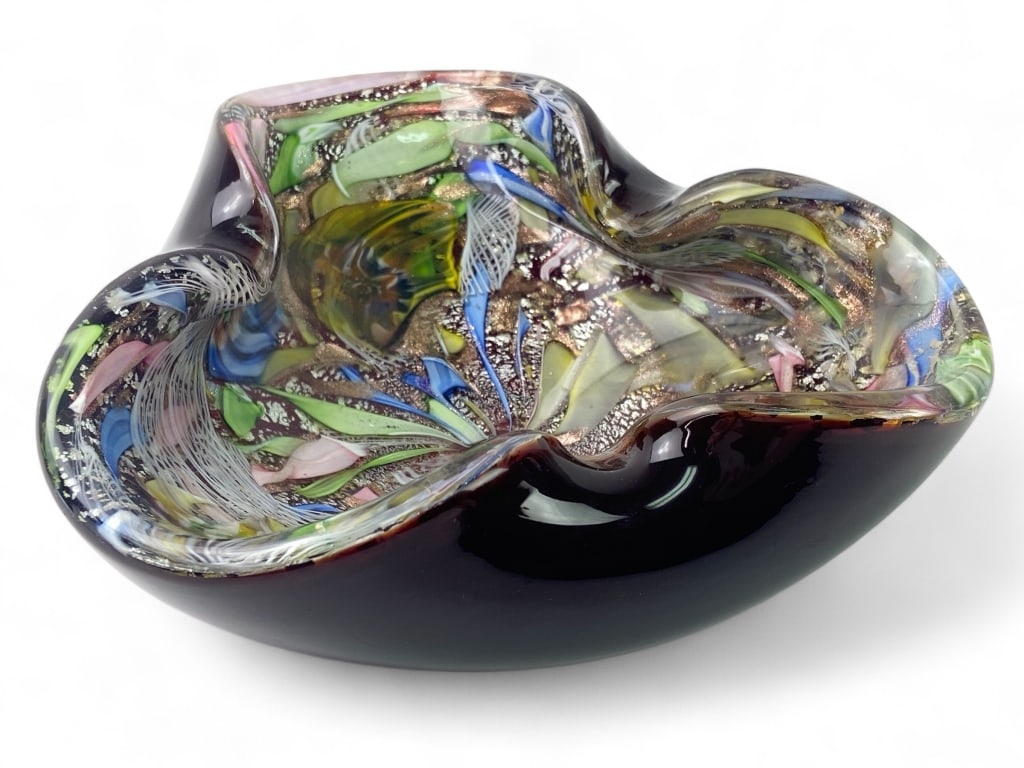 Vintage Murano Glass Tutti Frutti Ashtray/Bowl: some scratches to glass - approx. 7" across but triangular shape - 2.5" tall