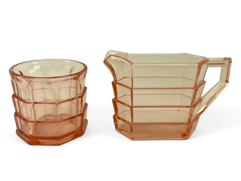 RARE Antique Indiana Glass Tea Room Pink: Rectangular Creamer & Flat Sugar Bowl ; no lid for the sugar bowl - some small chips along edges and handles of both - see photos - creamer is 3.5" tall - sugar bowl is 2 7/8" tall