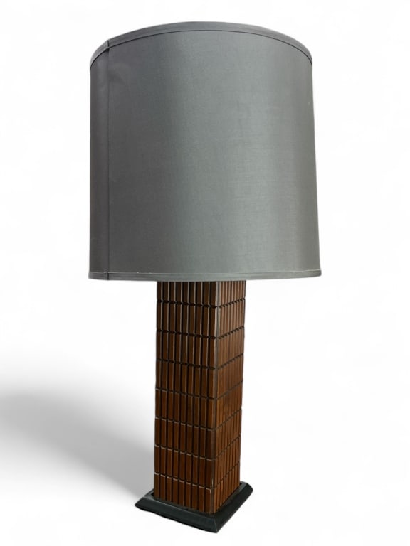 MCM Wood Danish Lamp w/ Shade: Shade is 13.5" tall with a diameter of 14.5" - lamp with shade on is approx. 30.5" tall - tested and works but doesn't emit much light due to shade