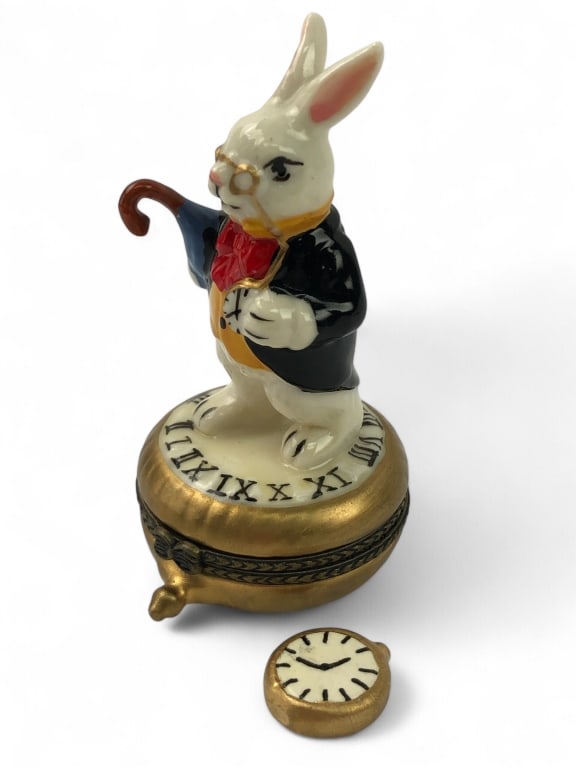 Alice in Wonderland White Rabbit Trinket Box: Clock w/Charm Inside ; 3 3/4" tall