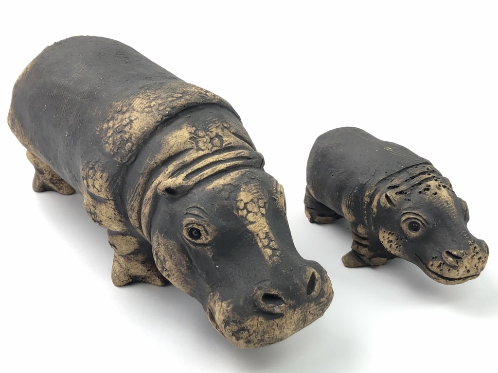 (2) Clay Stoneware Hippopotamus Statue Pair: possible signature on bottom of baby hippo - adorable pair! - smaller hippo is 5" long and larger one is 11 1/4" long
