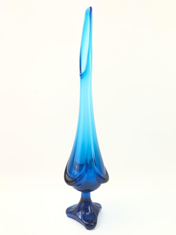 Vintage MCM Viking Glass Bluenique Swung Vase: cobalt & sapphire color - 18 5/8" tall L7