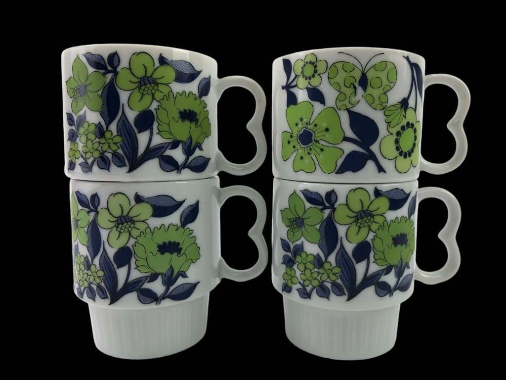 (4) Vintage 70s Stacking Ceramic Mugs: marked japan on bottom - unbranded - approx. 3 3/4" tall