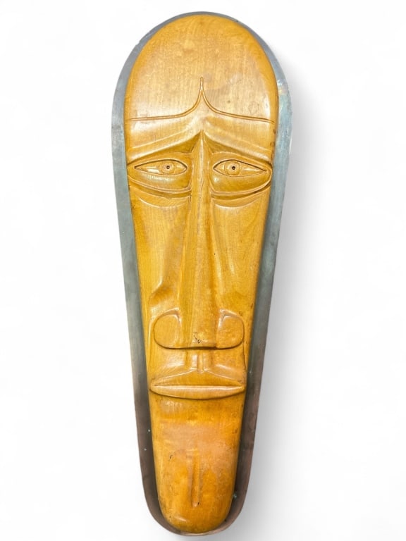 Carved Figural Head Mounted on Brass Plate: 25 1/4" long x 8 3/4" at widest part
