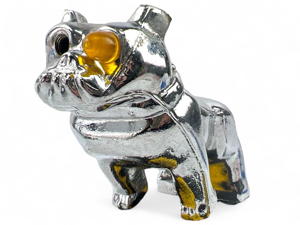 Bull Dog Mack Truck Chrome Hood Ornament: only has 1 yellow eye and other is hollow - a bit of corrosion as shown in photos - 4 1/8" tall from where it sits/screws in to hood