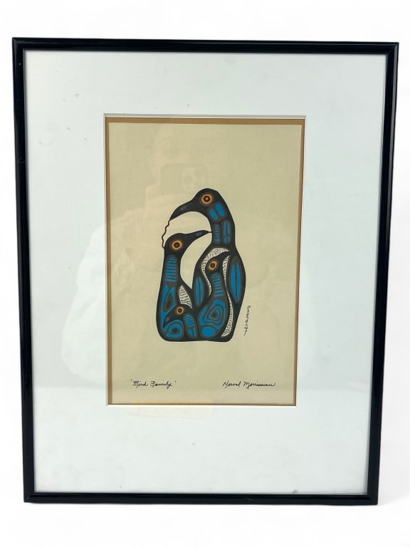 Norval Morrisseau "Bird Family" Framed Print: 11.5" x 14.5" - Norval was an indigenous Canadian artist who founded the Woodlands school of art movement