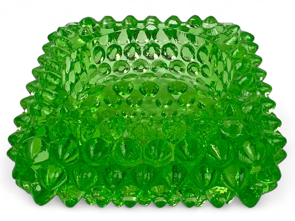 Vintage Fenton? Green Glass Hobnail Salt Cellar: 2 3/4" x 2 3/4" x 1 1/4" - a few chips as shown in photos
