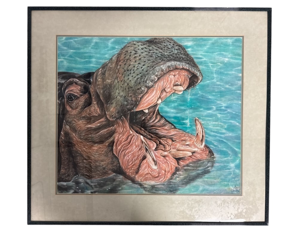 D. Arthur Smith Pastel Hippopotamus Artwork: D. Arthur Smith pastel artwork depicting a hippopotamus in water. Frame measures 40.25´´ x 36´´. Light scuffs are present on the frame. Wire on back for hanging. (L15)