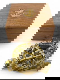 Brass compass w/sun dial in wood box