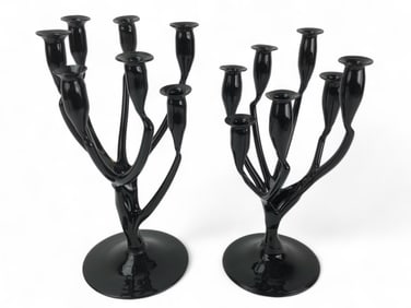 (2) Hand Blown Art Glass Black Candelabras