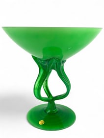 Hand Blown Compote Green/White Swirl Dish