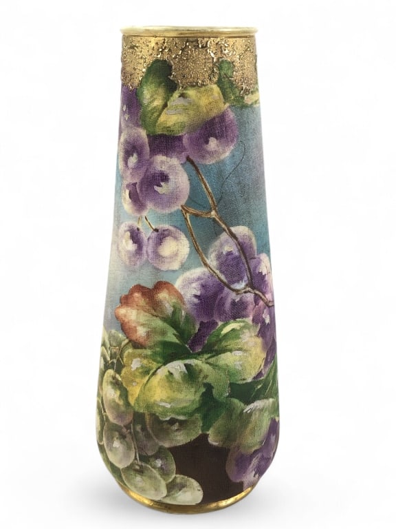 Vintage Nippon Handpainted Grape Vase: textured feel with gold accents - chip to edge (see photos) - 9.5" tall