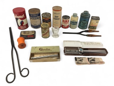 Lot of Vintage Advertising Tins, Thermometer &