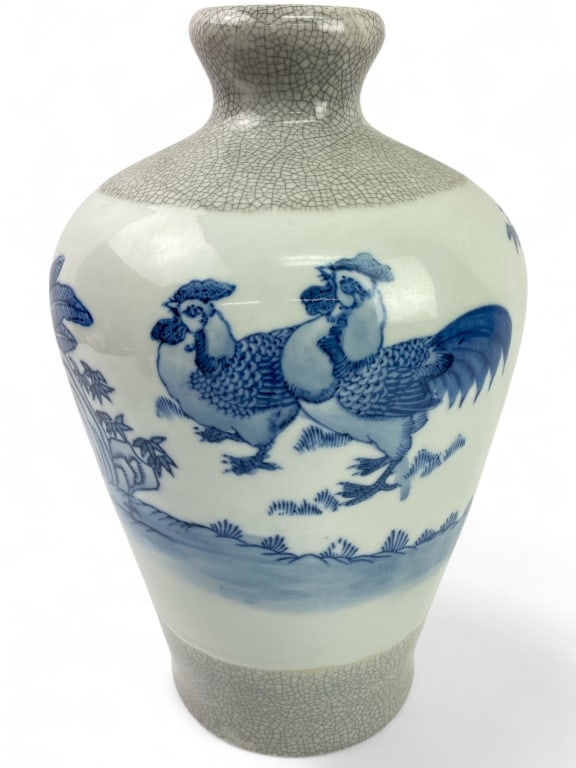 DeChang Taochi Ceramics? Blue/White Vase: 12" tall. Vase has Roosters/Trees/Building on it.