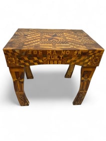 1958 Handmade Folk Art Inlaid Wood Table