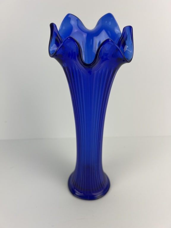 Vintage Fenton Cobalt Fine Rib Vase: Small chip on bottom