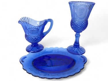 Avon Blue Glass Plate, Goblet And Pitcher Set