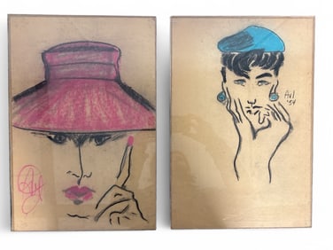 Pair Of 1950s Framed Pastel Sketches Of Women
