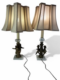 (2) Vtg Brass Cherub on Marble Lamps