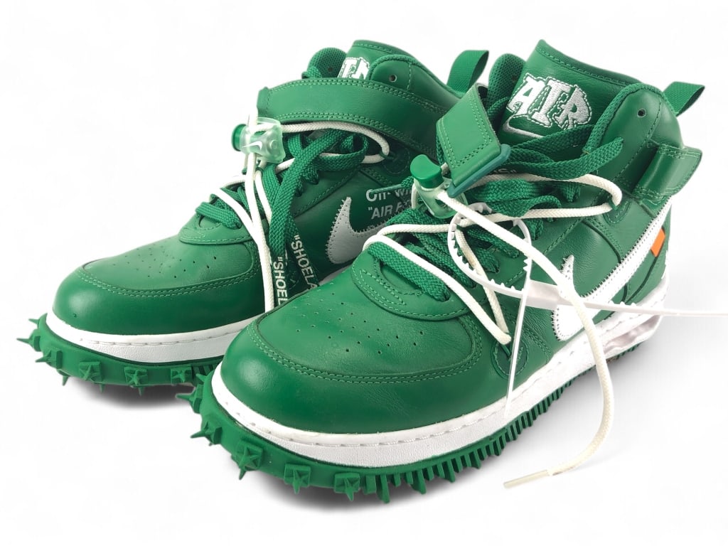 Nike Air Force 1 Mid x Off White "Pine Green": Men's Size 9.5 Pair of Sneakers ; a bit of wear with slight creasing but can be easily cleaned up