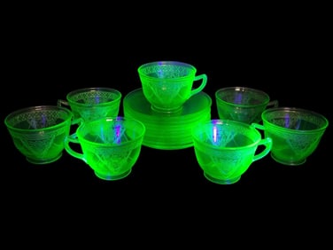 Federal Glass Parrot Tea Cups & Saucers