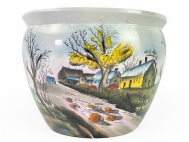 Hand-Painted Ceramic Pot With Rural Scene