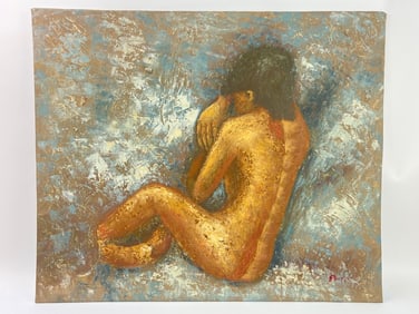 Signed Nude Abstract Painting on Canvas by Barton