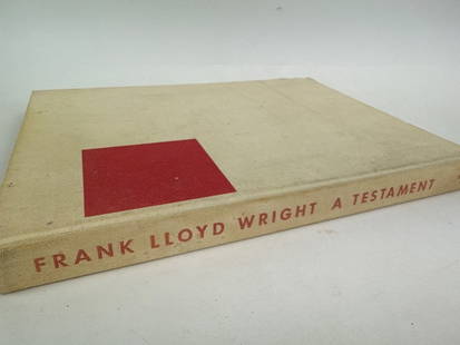 Frank Lloyd Wright A Testament, 1957: Hardcover copy of 'A Testament' by Frank Lloyd Wright, published in 1957 by Bramhall House. Features architectural designs and illustrations. Some wear to the cover and binding, with visible aging and