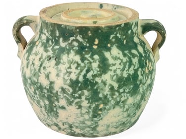 Green Sponge Glaze Double Handled Crock w/Lid