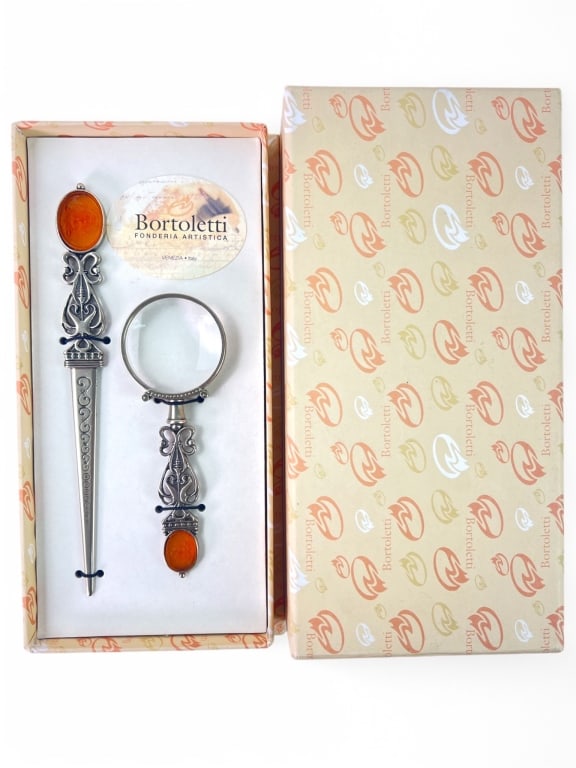 Bortoletti Letter Opener & Magnifying Glass: Bortoletti Italian letter opener and magnifying glass set featuring ornate metalwork with amber highlights. Includes original box. Made in Italy by Bortoletti Fonderia Artistica. Excellent condition.