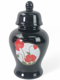 Black Ceramic Ginger Jar With Red Poppy Design