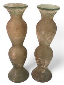 Pair Of Frosted Green Glass Decorative Vases