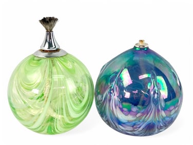 Pair Of Glass Oil Lamps In Swirl Patterns