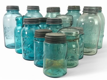 15 Assorted Blue And Clear Mason Jars