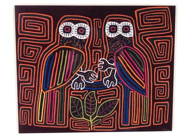 Vintage Kuna Mola Textile Folk Art Owls