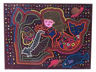 Vtg Framed Kuna Mola Textile Mermaid Folk Art