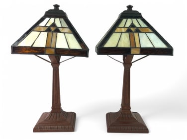 (2) Mission-Style Stained Glass Table Lamps
